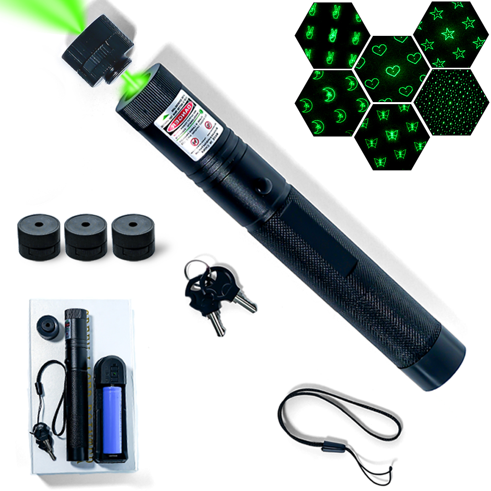 Green Laser Pointer With Battery &amp; Charger, Multi-Function Head, Safety Lock, Focus Adjustable, Ideal For Presentation, Teaching