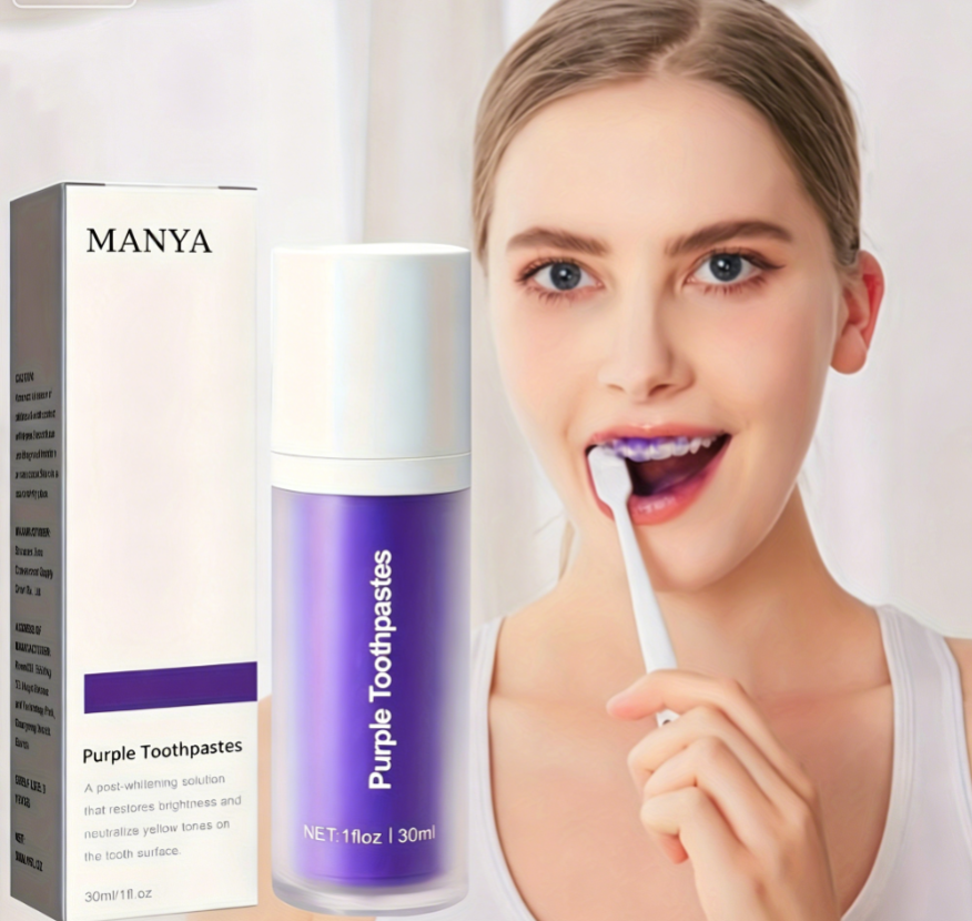MANYA Private Label OEM Custom Logo Purple Corrector Teeth Whitening Stain Removing Toothpaste V34 Herbal Sample Size for Home