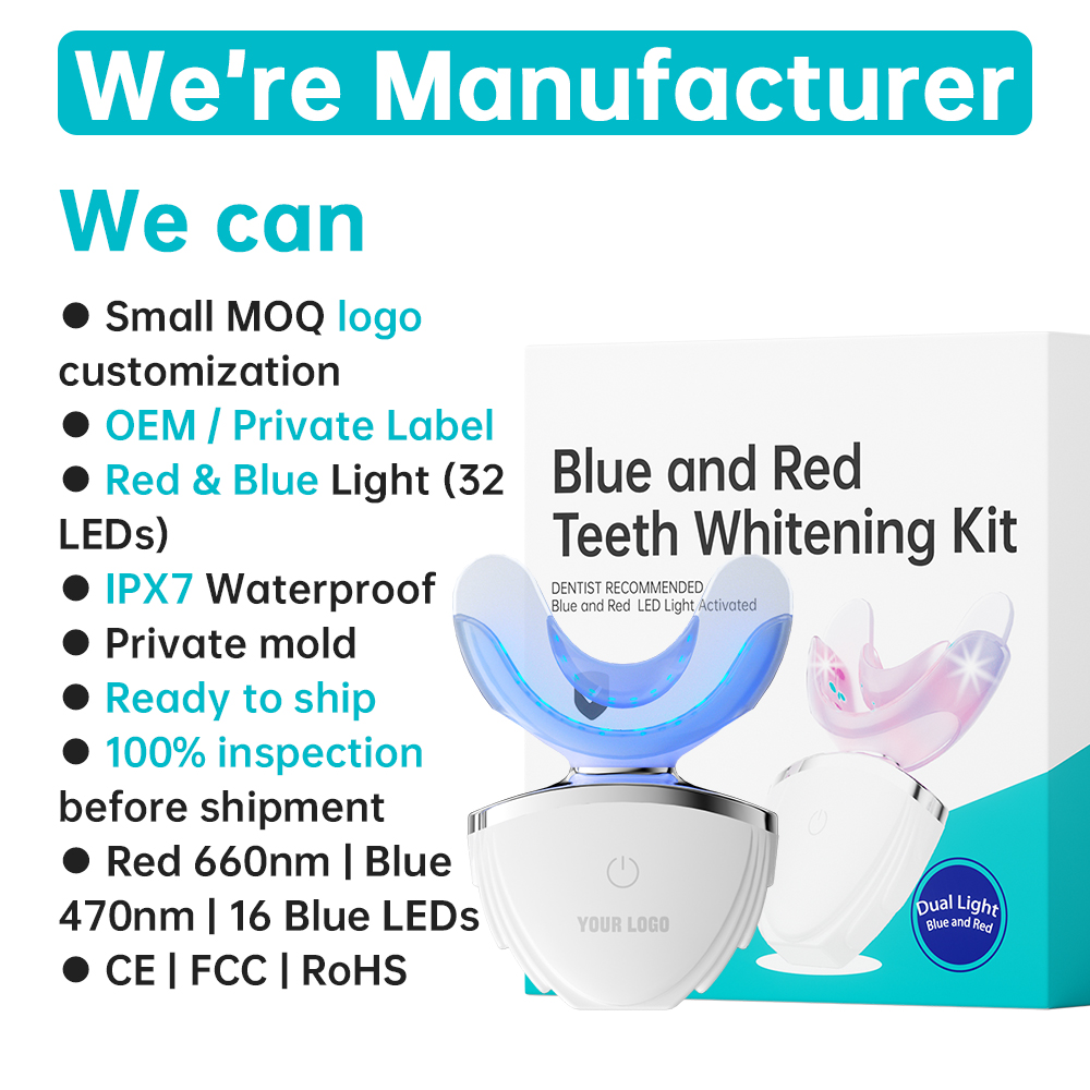 Portable Dental LED Teeth Whitening Kit Red Blue Light Wireless Charging IPX7 Teeth Whitening Device Home Use OEM Private Label
