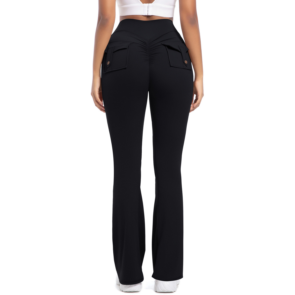Button Peach High-Waisted Tight Yoga Bell-Bottoms Fitness Sports Wide-Leg Boot-Cut Yoga Pants for Women