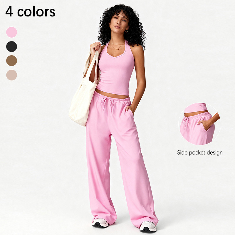 Custom Logo Yoga Outfit Women Tank Top High Waist Loose Pants Fitness Workout Sets Breathable Quick Dry Gym Activewear Tracksuit