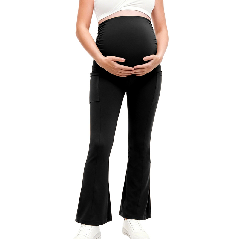 Maternity High-Waisted Tight Bootcut Full-Length Wrinkle-Resistant Pants Solid Color Stretch Yoga Side Double-Pocket Pregnancy
