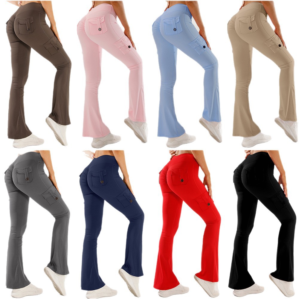 High-Waisted Solid Elastic Waist Pocket Yoga Pants Cargo Flared Sports Women's Slim Fit Butt-Lifting Peach Butt