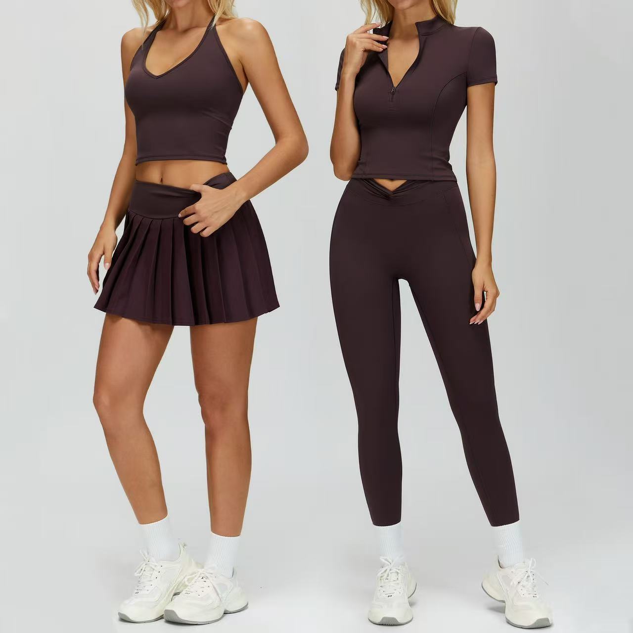 YanRuo Solid V-neck Spandex/Nylon Fashion Yoga Pants 2-Piece Set Four-Way Stretch Breathable Sweat-Wicking Quick Dry Lightweight