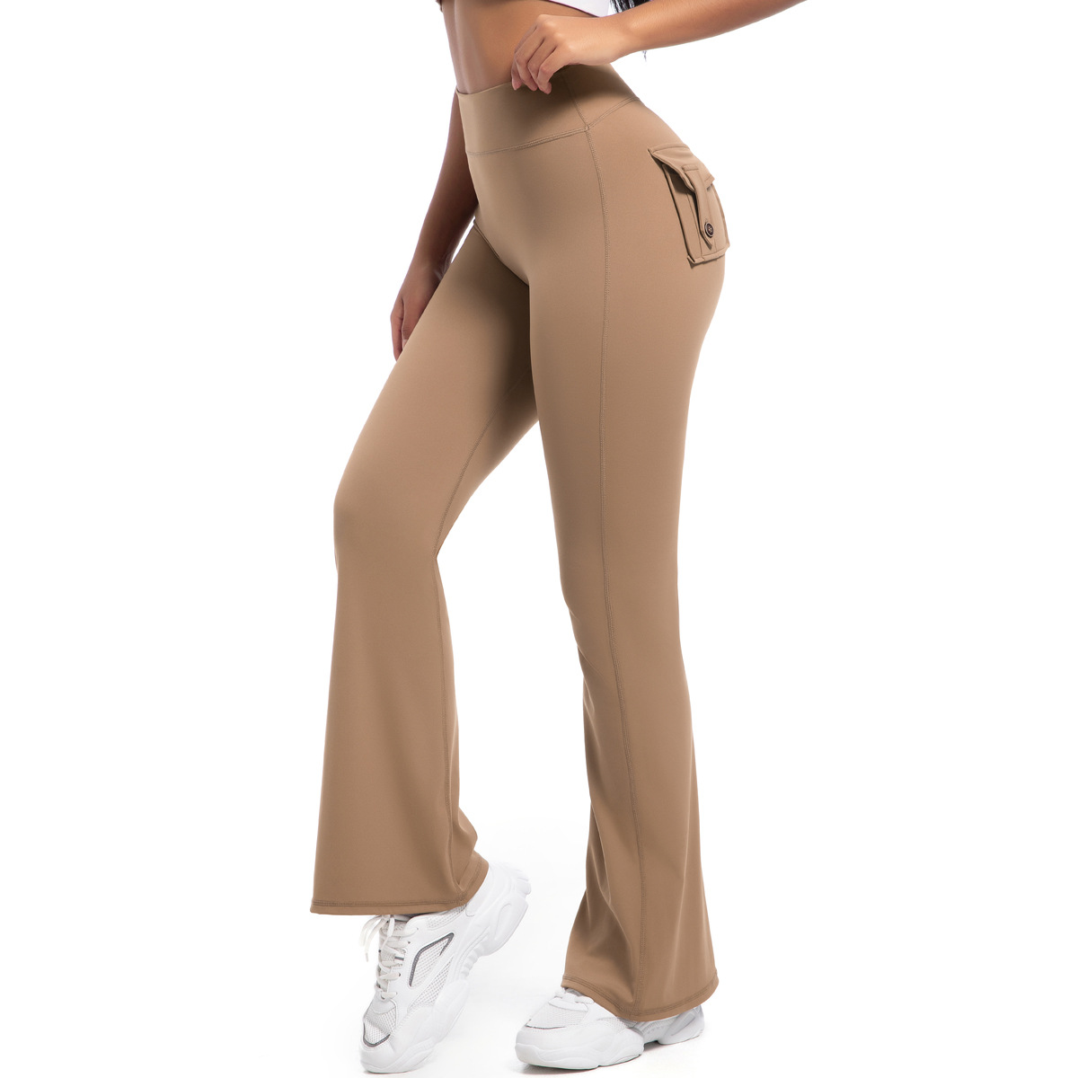 Button Peach High-Waisted Tight Yoga Bell-Bottoms Fitness Sports Wide-Leg Boot-Cut Yoga Pants for Women