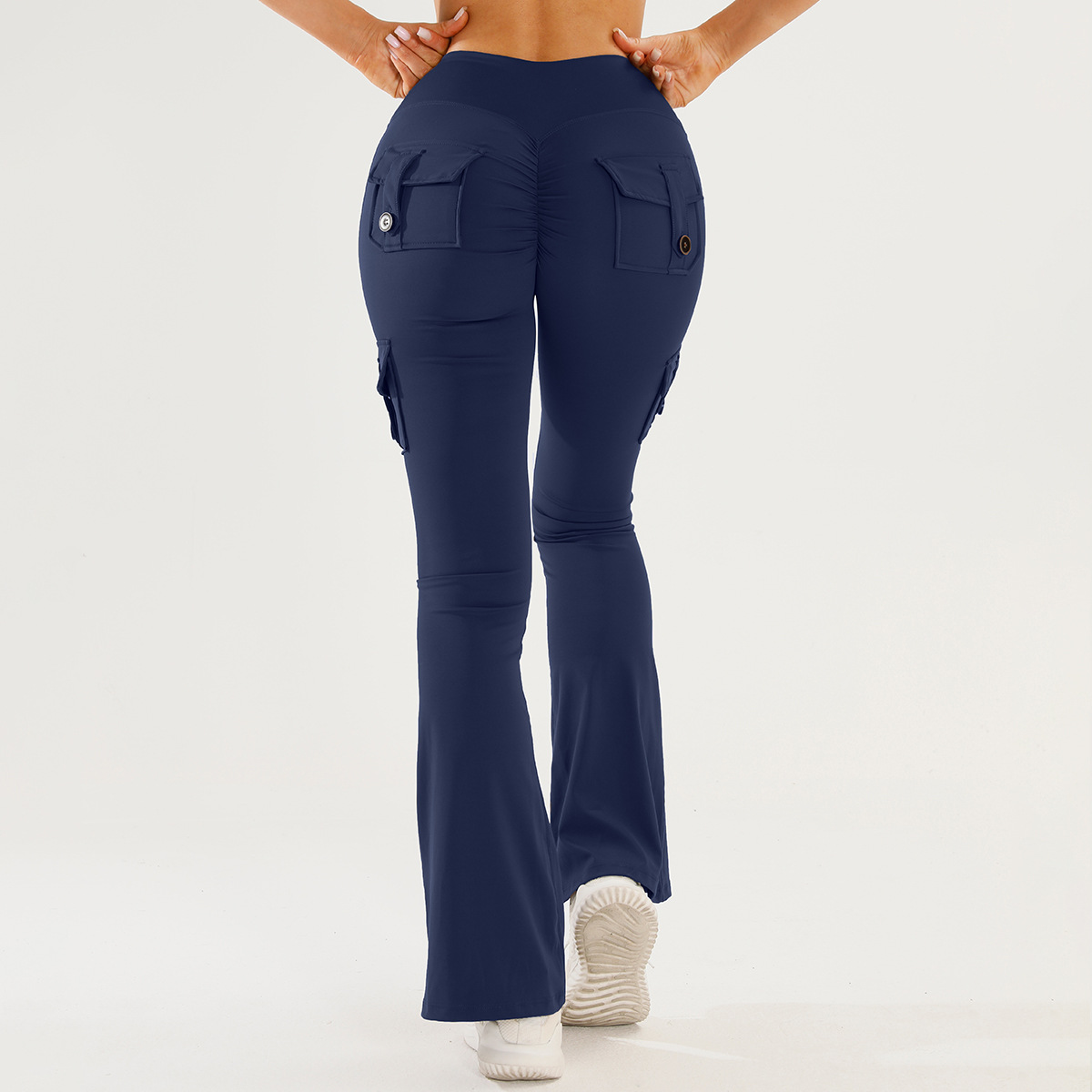 High-Waisted Solid Elastic Waist Pocket Yoga Pants Cargo Flared Sports Women's Slim Fit Butt-Lifting Peach Butt