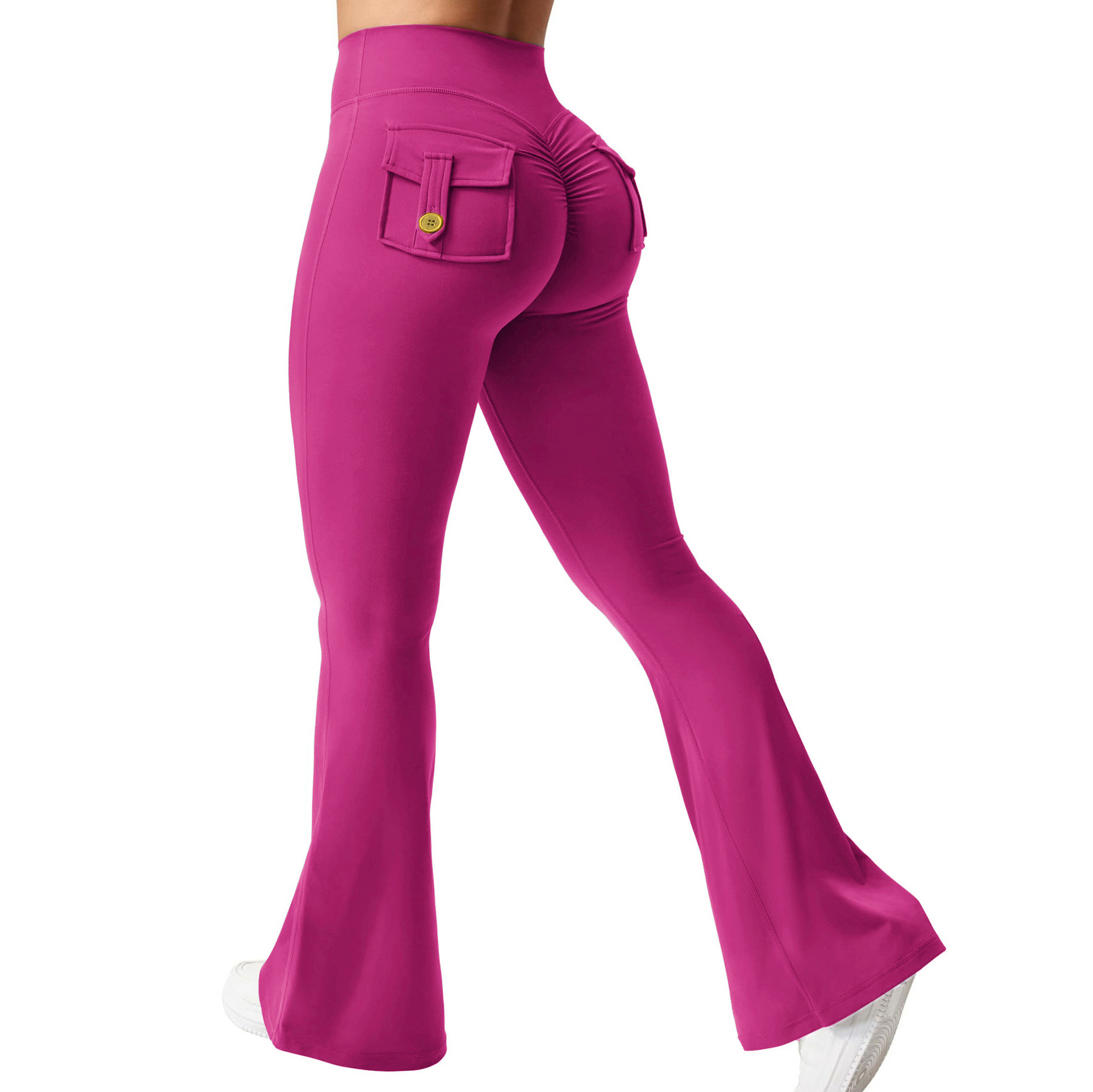 Yuhong Women's High Waist Bootcut Flared Yoga Pants Cargo Pocket Elastic Tummy Control Workout Leggings Eco-friendly Spandex Mat