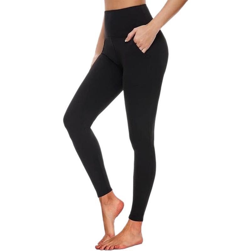 TNNZEET Leggings with Pockets for Women-Black Spandex Solid Four-Way Stretch High Waisted Yoga Pants with Tummy Control