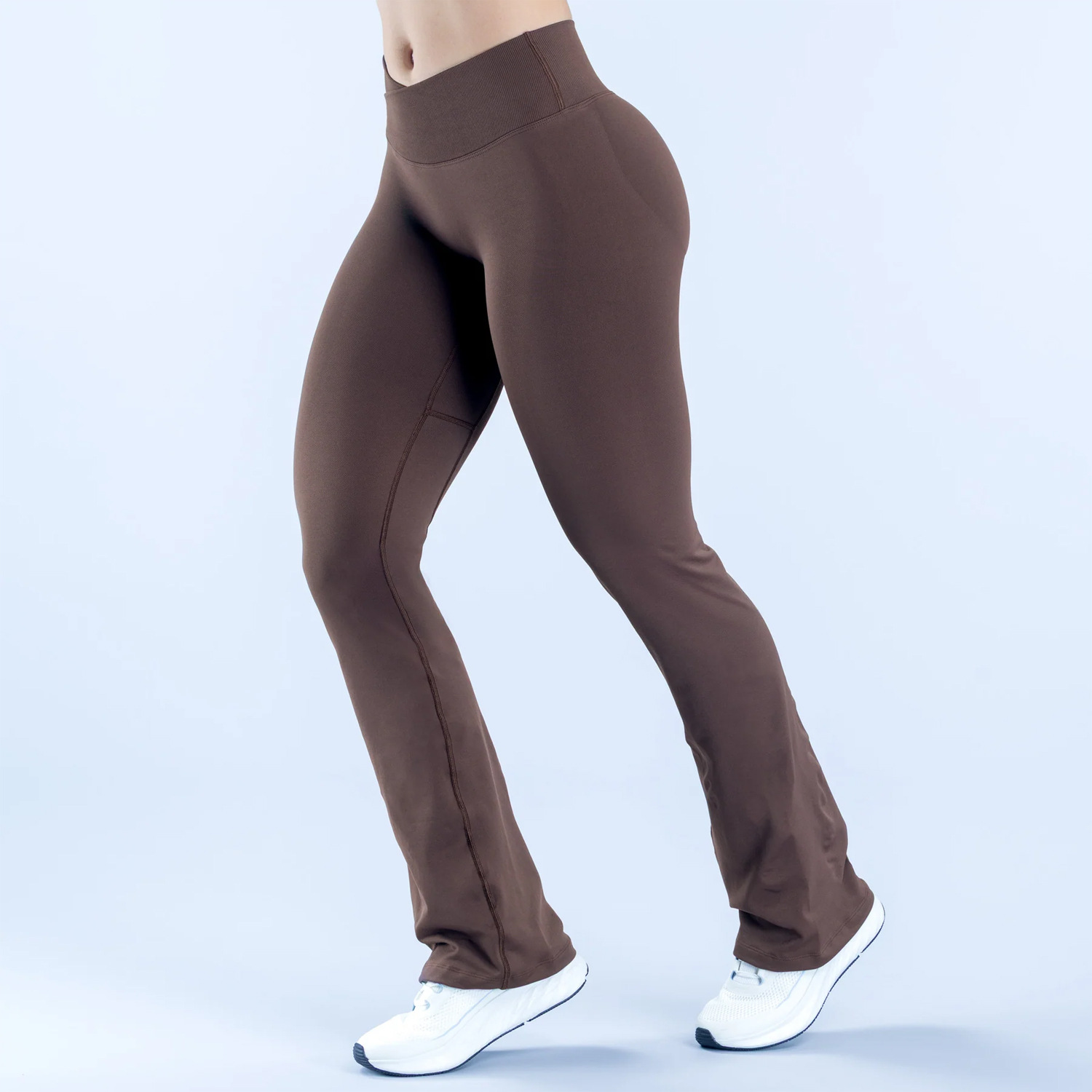Seamless Women's High-Waisted Yoga Pants Cross V-Shaped Ribbed Waistband Invisible Pleats-Flared Tummy Control Breathable