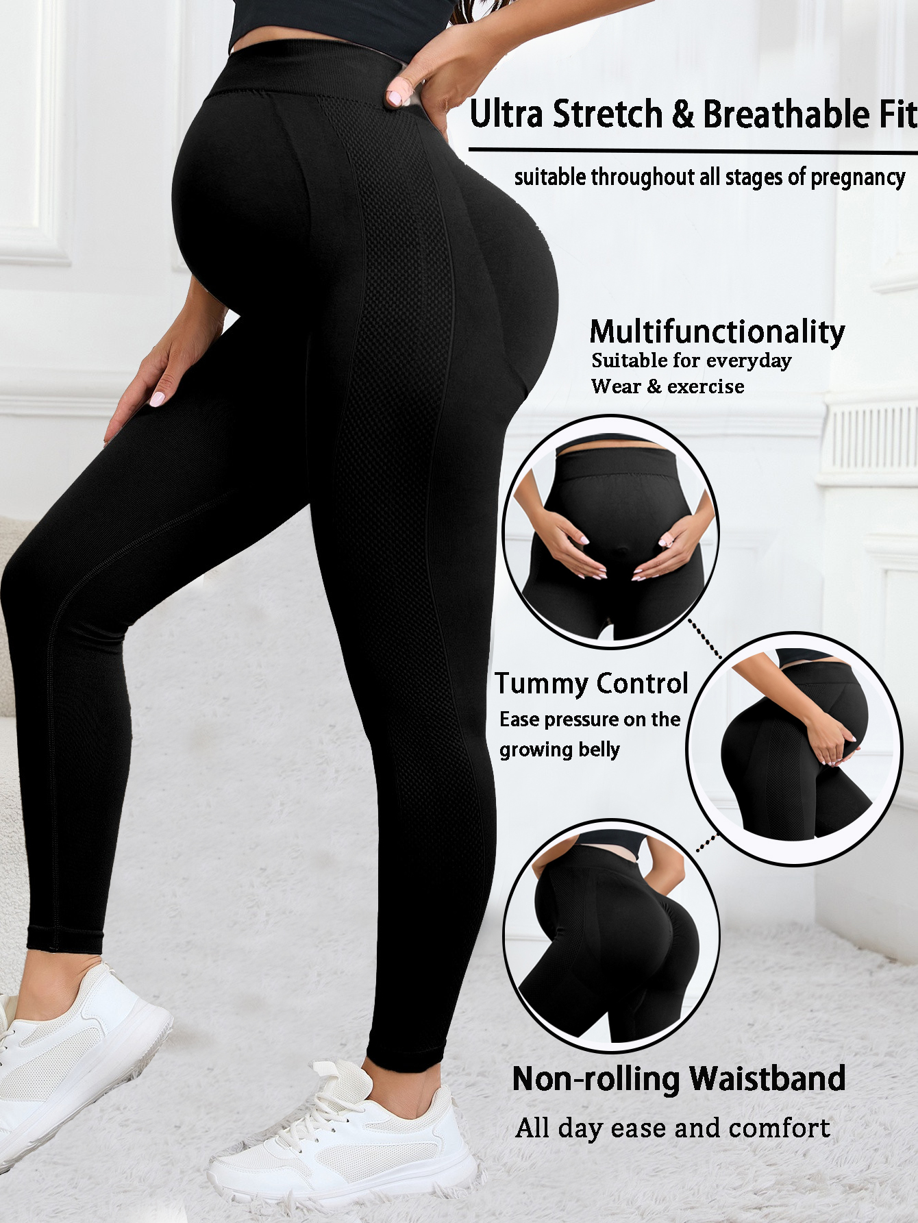 FLW Maternity Leggings High Waist Casual Nylon Spandex XL Breathable Elastic Waist Closure for Pregnant Women and Yoga