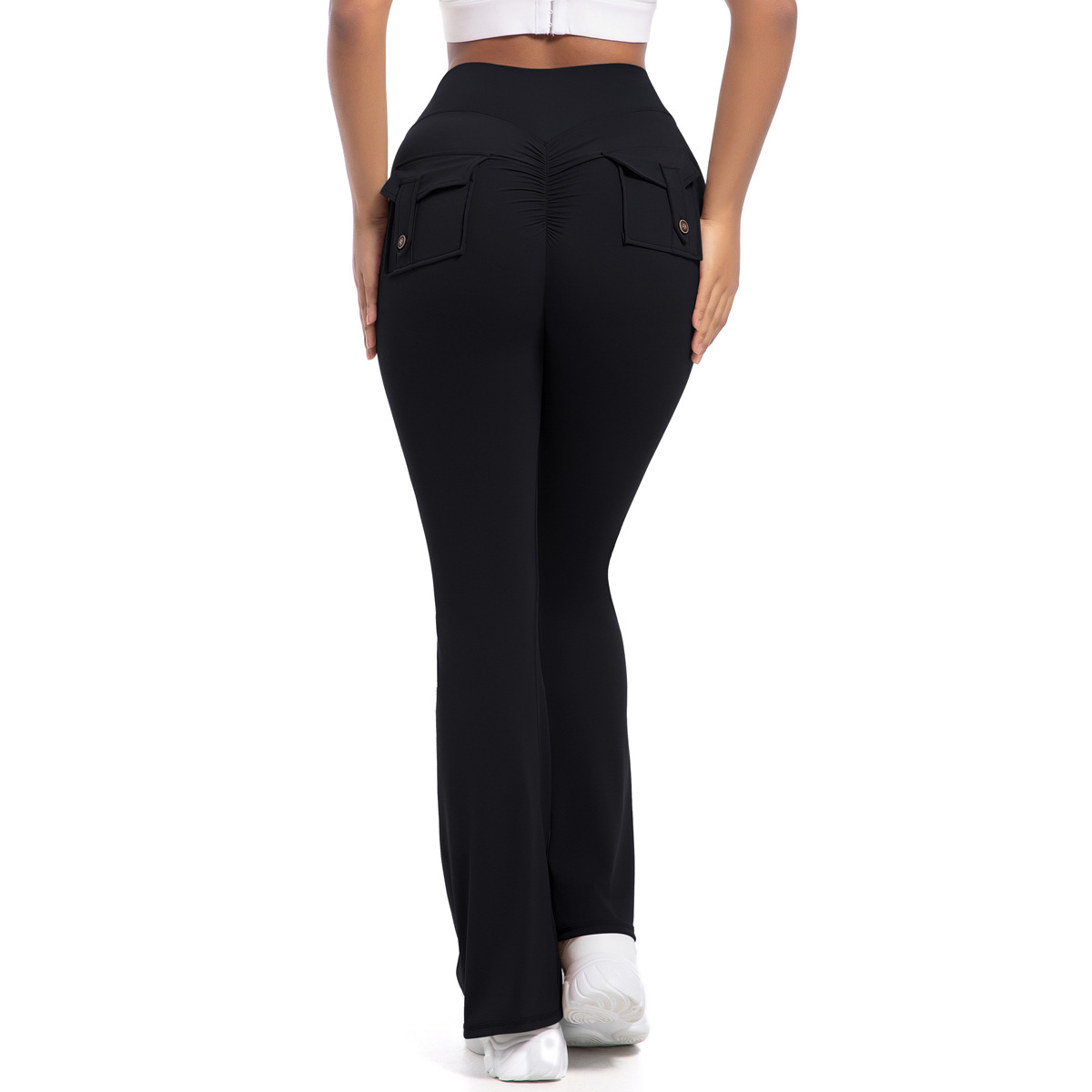 Button Peach High-Waisted Tight Yoga Bell-Bottoms Fitness Sports Wide-Leg Boot-Cut Yoga Pants for Women