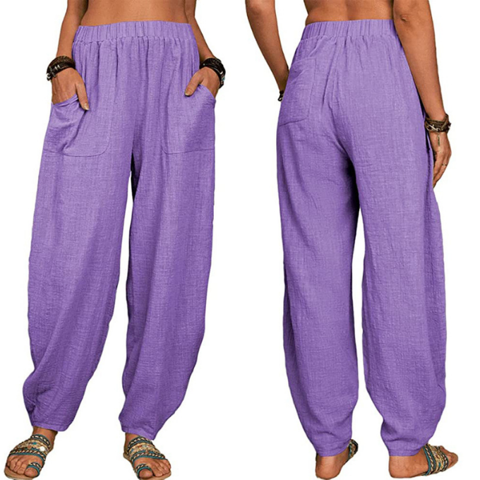 Latest Women Cotton Linen Trousers Casual Pants Summer Yoga Home Street Beach Pants Loose Elastic Waist Pocket Lounge Pants