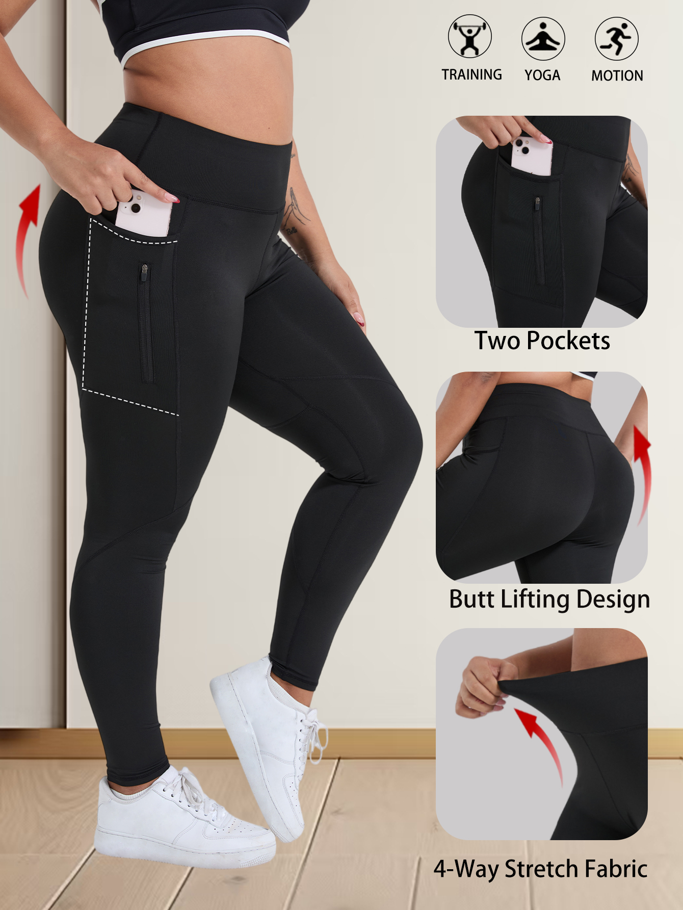 Plus Size Yoga Leggings with Zipper Pockets Training Workout Sports Gym Leggings High Waist Yoga Pants Women Gym Clothes