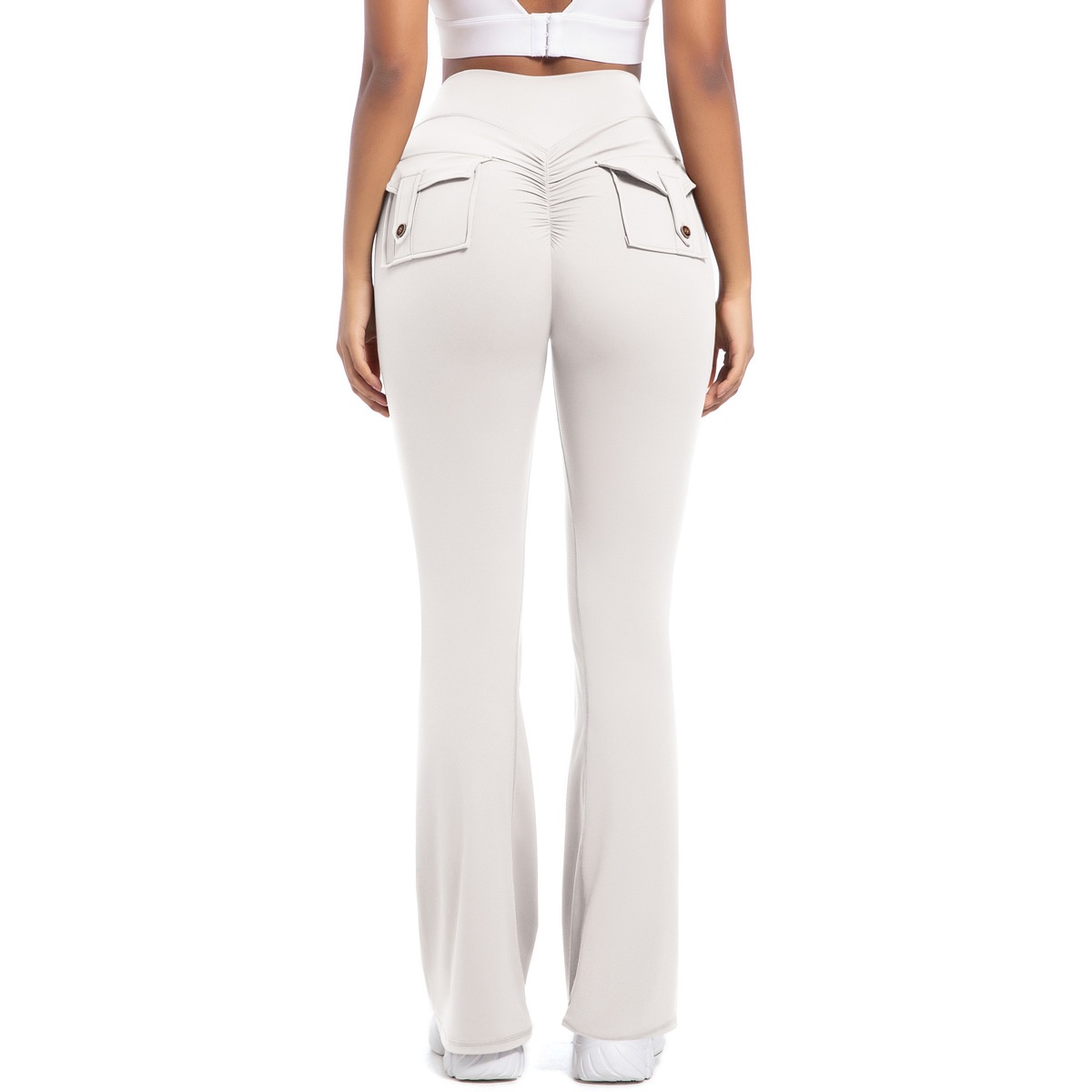Button Peach High-Waisted Tight Yoga Bell-Bottoms Fitness Sports Wide-Leg Boot-Cut Yoga Pants for Women