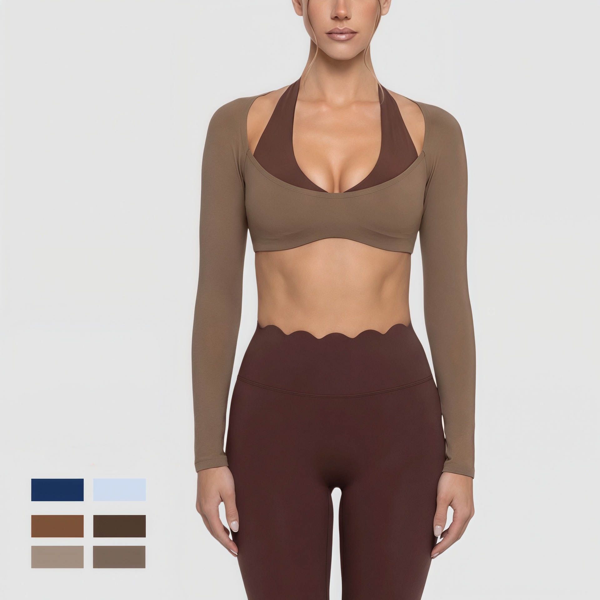Ladies Contrast Active Wear Set Long Sleeves Halter Crop Top &amp; High Waist Scallop Pants Fitness Yoga Wear Suit