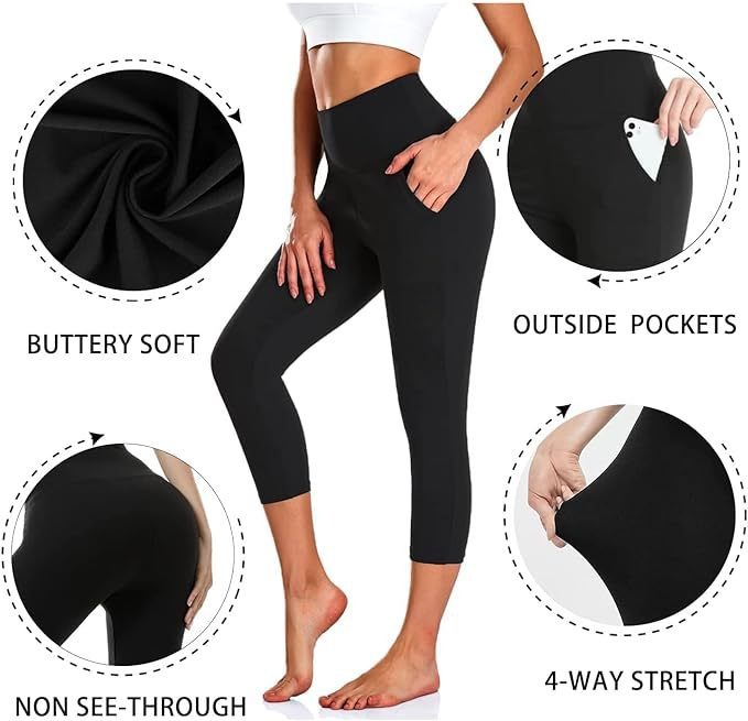 TNNZEET Leggings with Pockets for Women-Black Spandex Solid Four-Way Stretch High Waisted Yoga Pants with Tummy Control