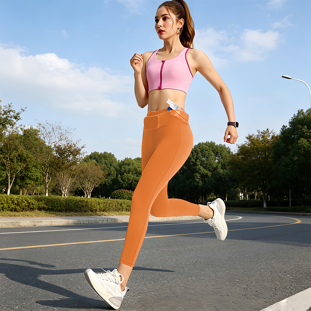 Womens High-Waist Marathon Running Leggings with Mesh Pockets Around Waist Breathable Yoga Pants Compression Fitness Tights