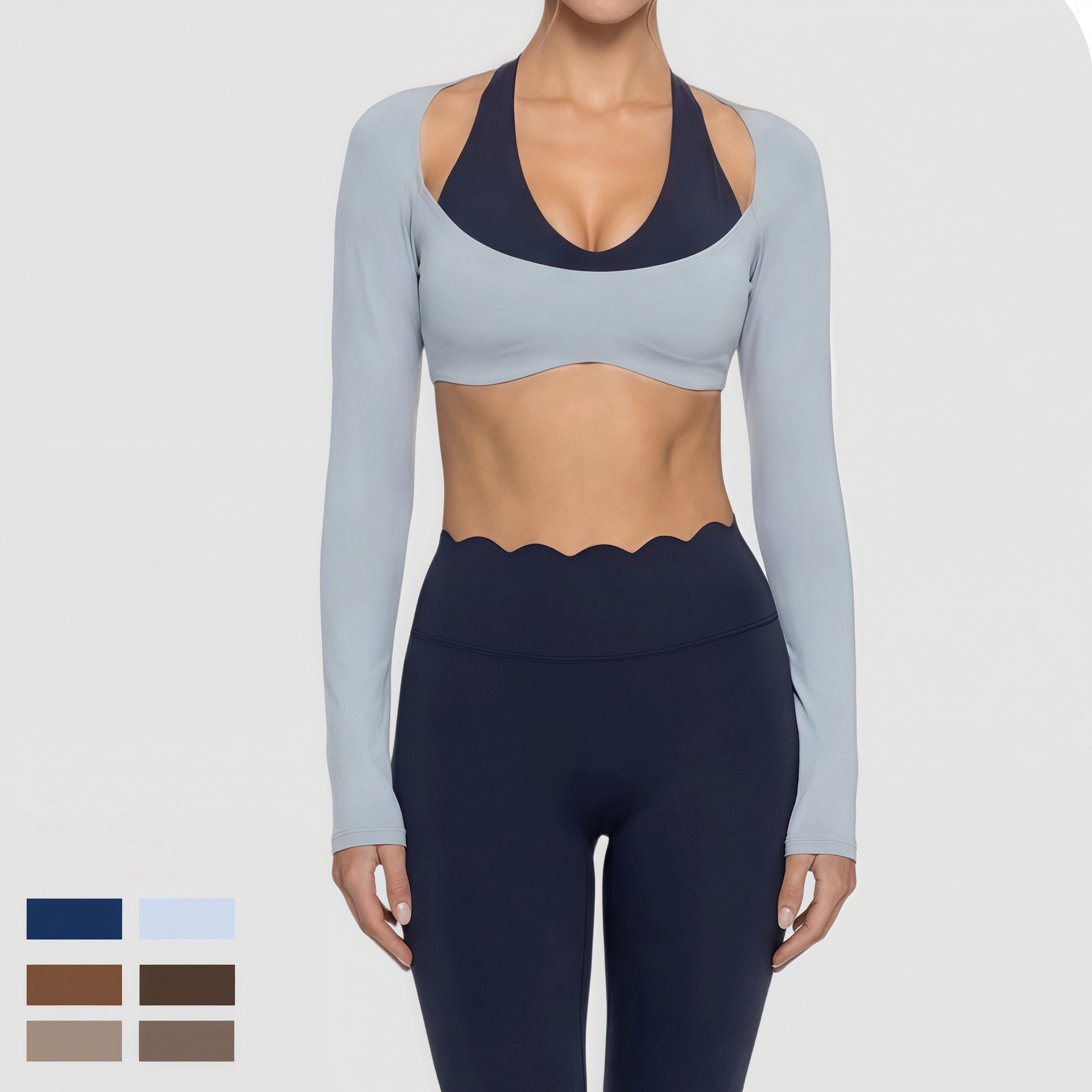 Ladies Contrast Active Wear Set Long Sleeves Halter Crop Top &amp; High Waist Scallop Pants Fitness Yoga Wear Suit
