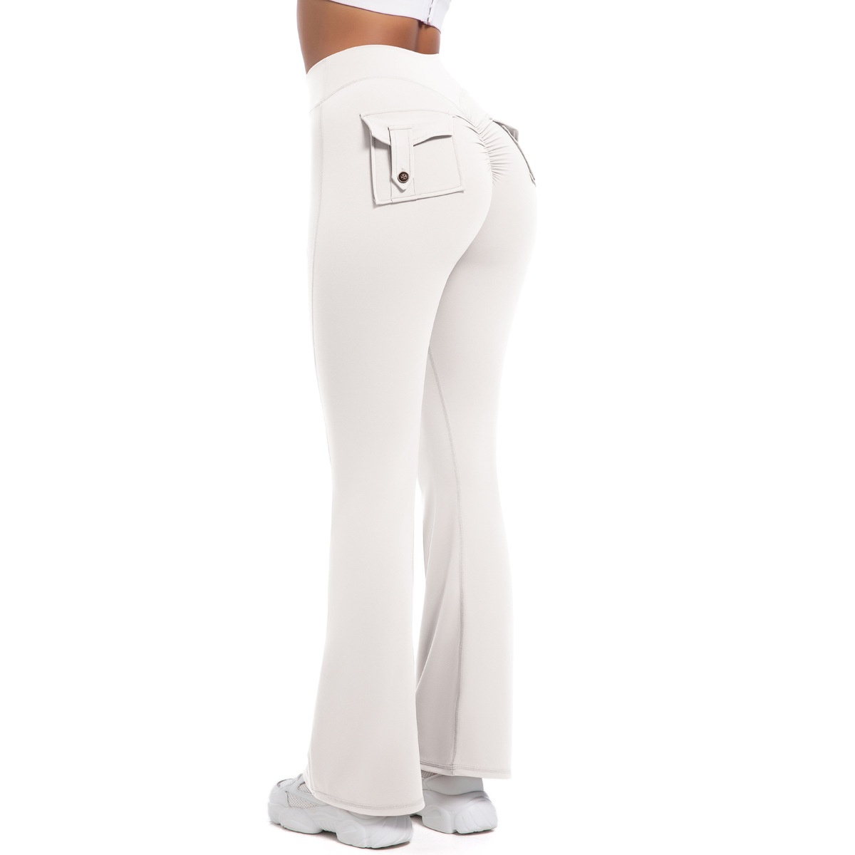 Button Peach High-Waisted Tight Yoga Bell-Bottoms Fitness Sports Wide-Leg Boot-Cut Yoga Pants for Women