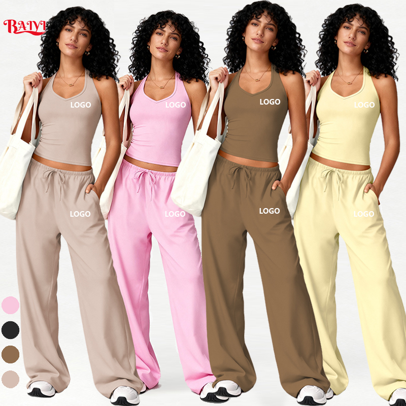 Custom Logo Yoga Outfit Women Tank Top High Waist Loose Pants Fitness Workout Sets Breathable Quick Dry Gym Activewear Tracksuit