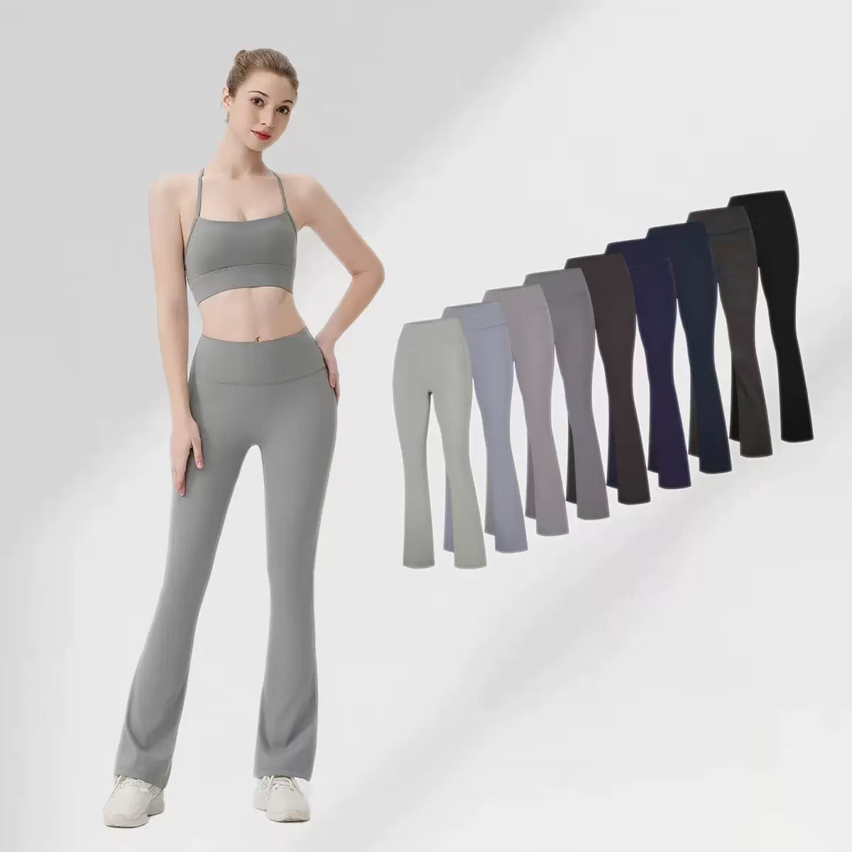 Women Ribbed Wide Leg Pants Factory Direct High Rise Yoga Trousers Seamless Flare Leggings Solid Breathable Eco-Friendly Tummy