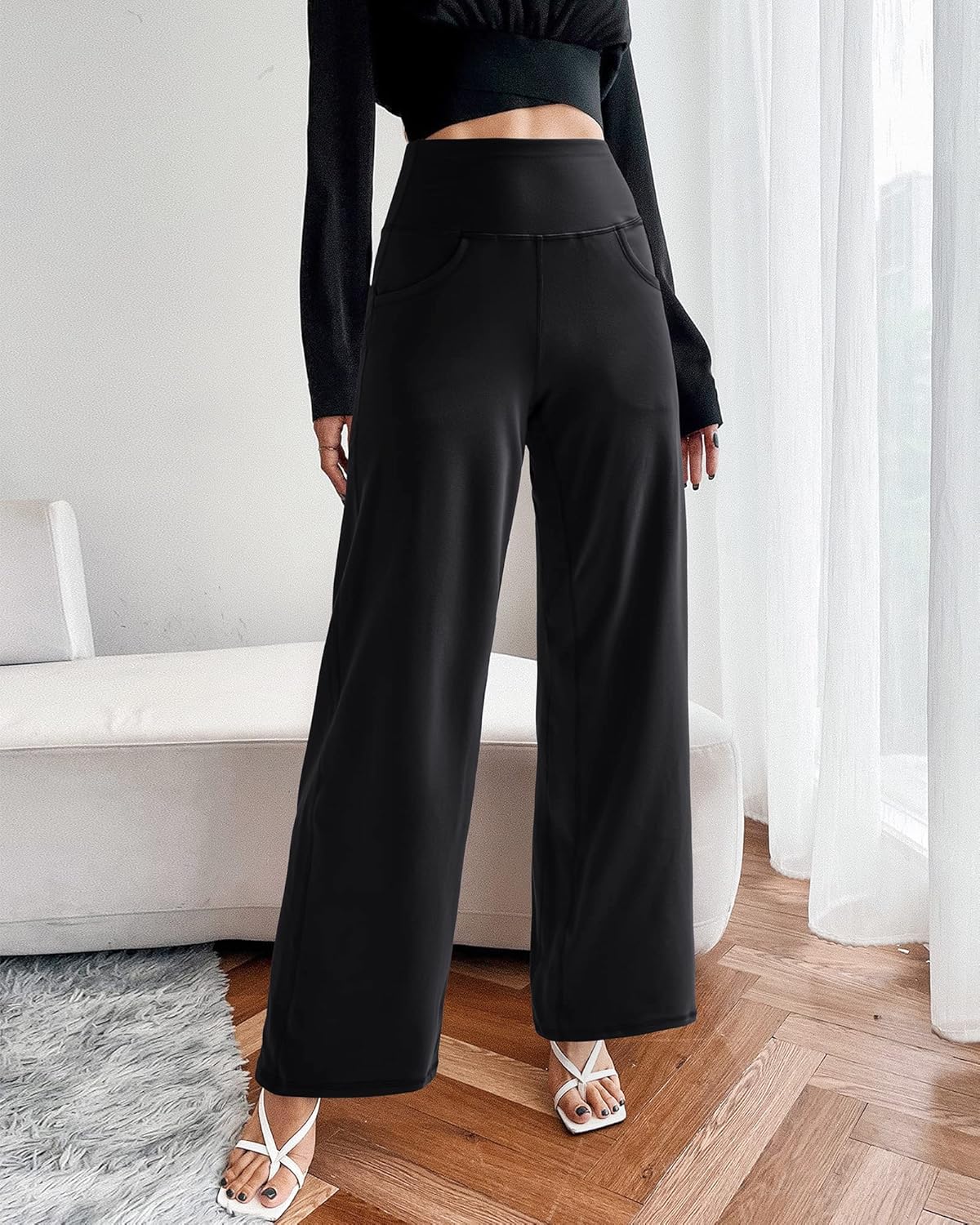 Promoter High Waist Wide Leg Yoga Pants with Pockets Stretch Loose Casual Lounge Sweatpants Color Blocking Petite/Regular/Tall