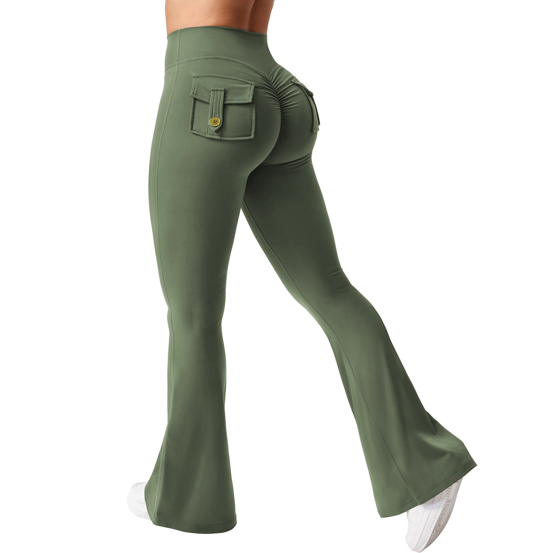 Women's High Waist Bootcut Flared Yoga Pants Cargo Pocket Elastic Tummy Control Workout Leggings Eco-Friendly Spandex Material