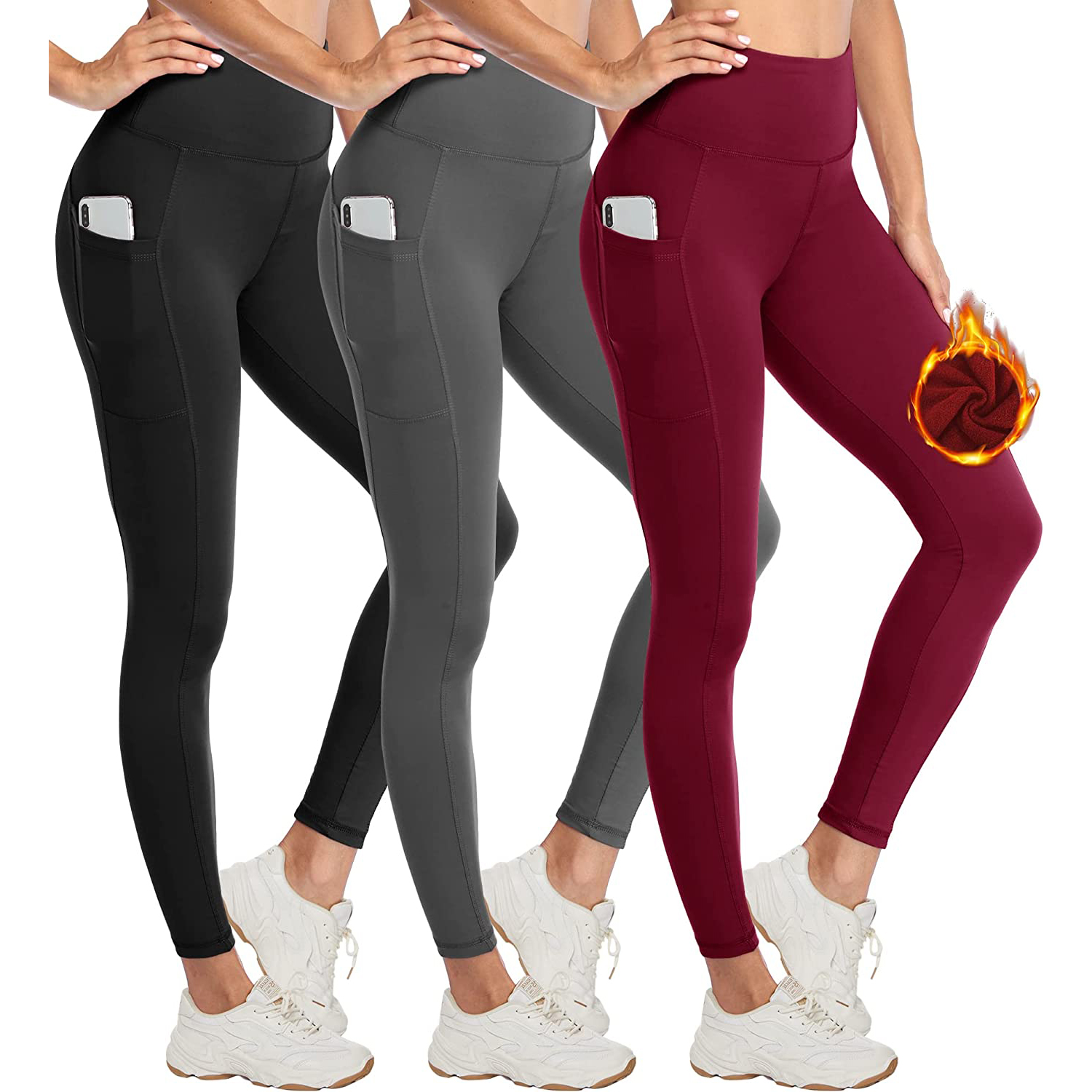 Wholesale Custom Women High Waist Thick Thermal Leggings With Pocket Polyester Warm Winter Fleece Lined Yoga Leggings