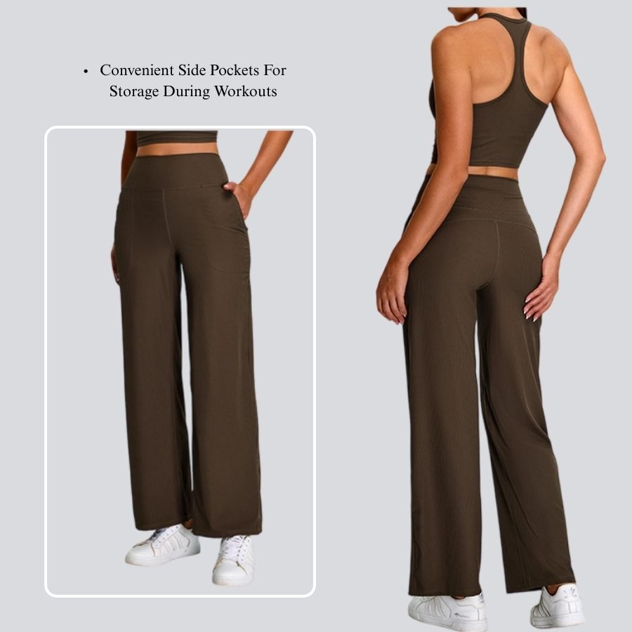 Women High Waist Ribbed Yoga Pants Loose Straight Leg Trousers Pockets Autumn Winter Casual Workout Fitness Gym Activewear