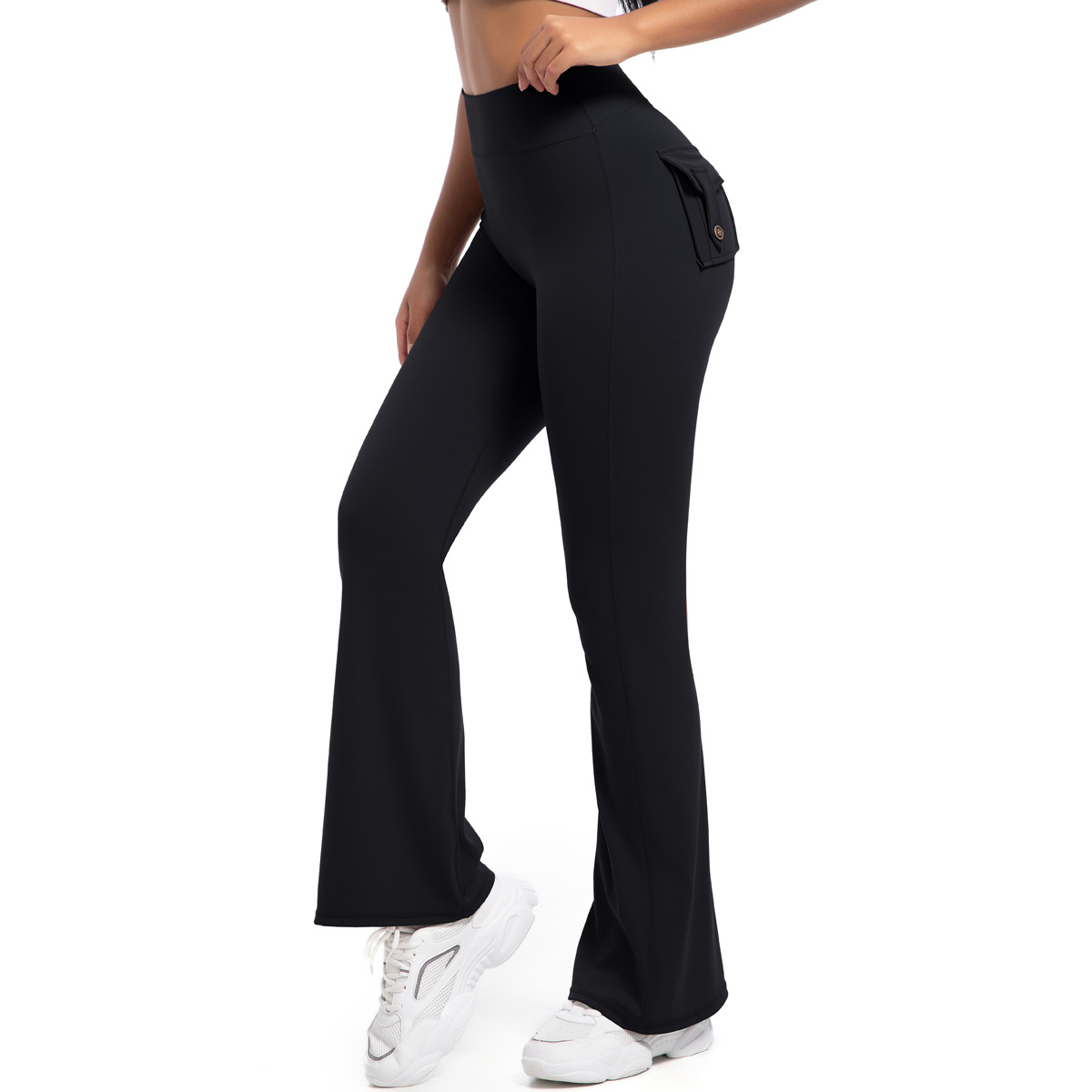Button Peach High-Waisted Tight Yoga Bell-Bottoms Fitness Sports Wide-Leg Boot-Cut Yoga Pants for Women