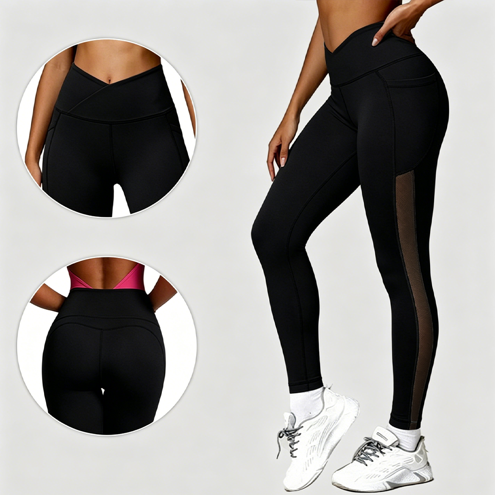 Solid Elastic Waist Breathable Side Mesh Cutout Yoga Pants with Phone Pockets for Gym &amp; Running