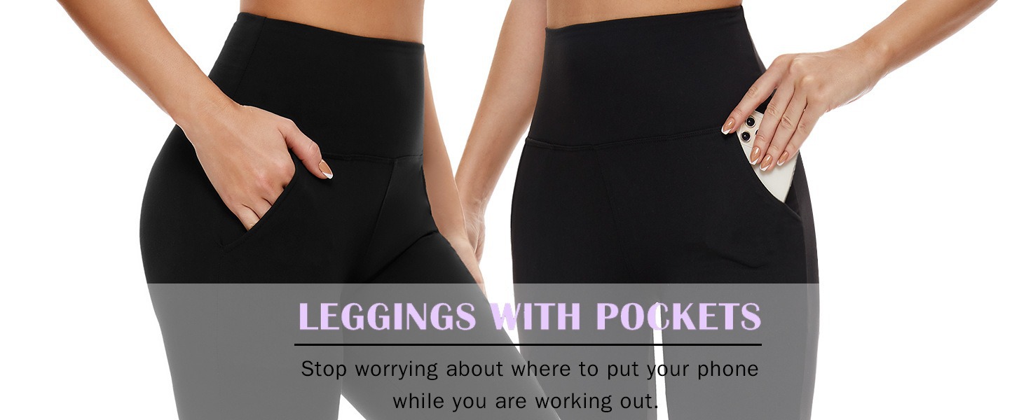 TNNZEET Leggings with Pockets for Women-Black Spandex Solid Four-Way Stretch High Waisted Yoga Pants with Tummy Control