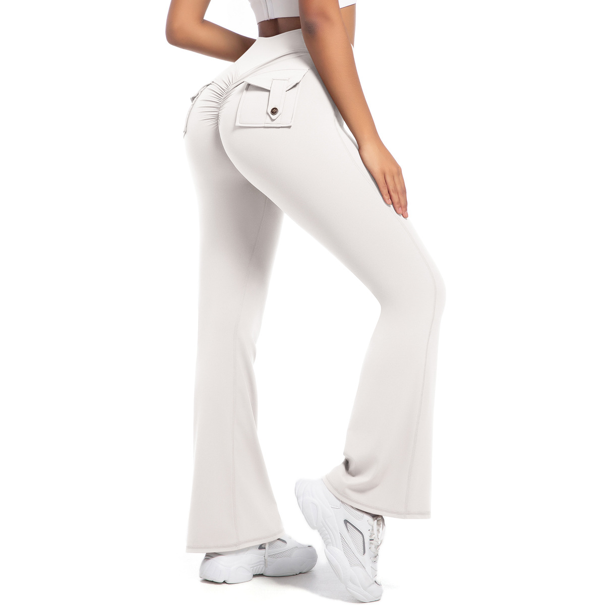 Button Peach High-Waisted Tight Yoga Bell-Bottoms Fitness Sports Wide-Leg Boot-Cut Yoga Pants for Women
