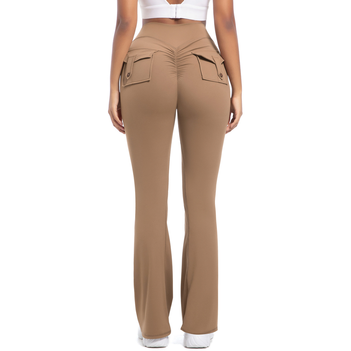 Button Peach High-Waisted Tight Yoga Bell-Bottoms Fitness Sports Wide-Leg Boot-Cut Yoga Pants for Women