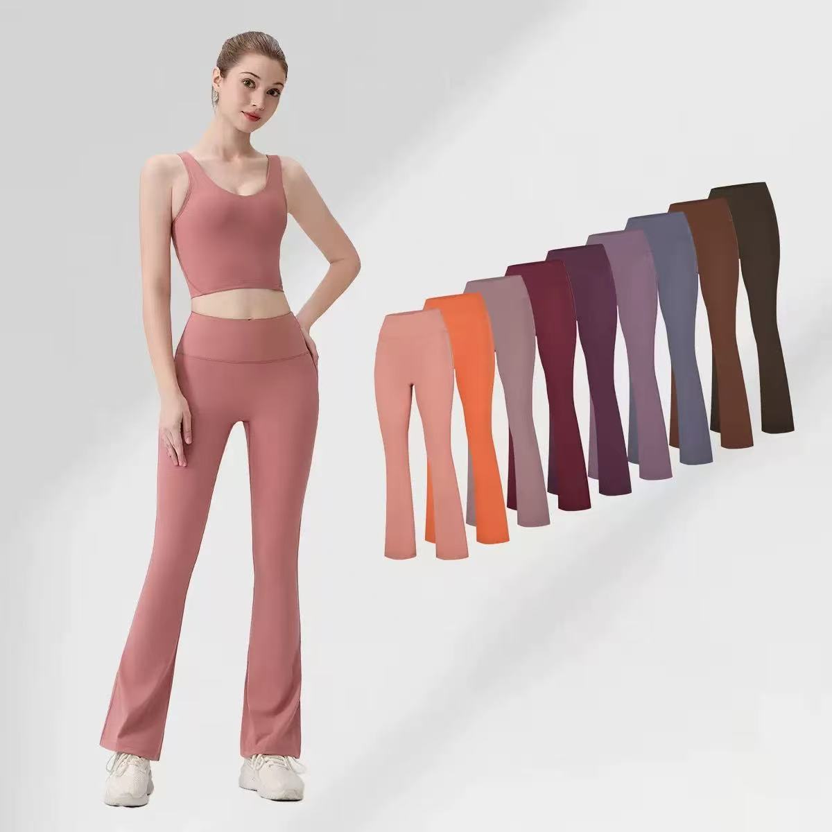 Women Ribbed Wide Leg Pants Factory Direct High Rise Yoga Trousers Seamless Flare Leggings Solid Breathable Eco-Friendly Tummy