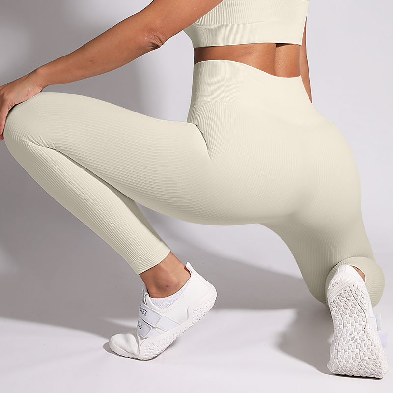 In Stock Ribbing Yoga Pants Full Length High Waist Seamless Active Wear Tummy Control High Elastic Women Sports Tights