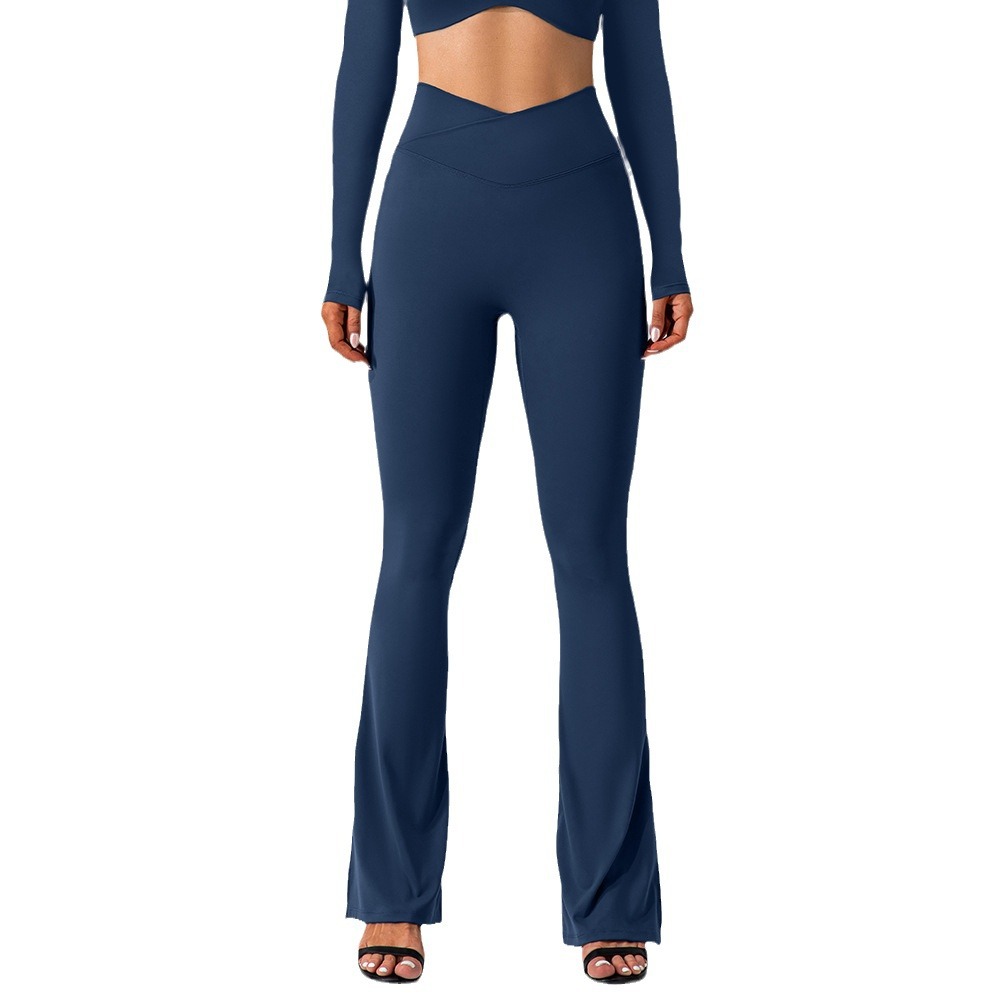 Outdoor Sports Running Yoga Flared Pants Mid Waist Butt Lifting Full Length Velour Sporty Side Pocket Cuff Split Design 362