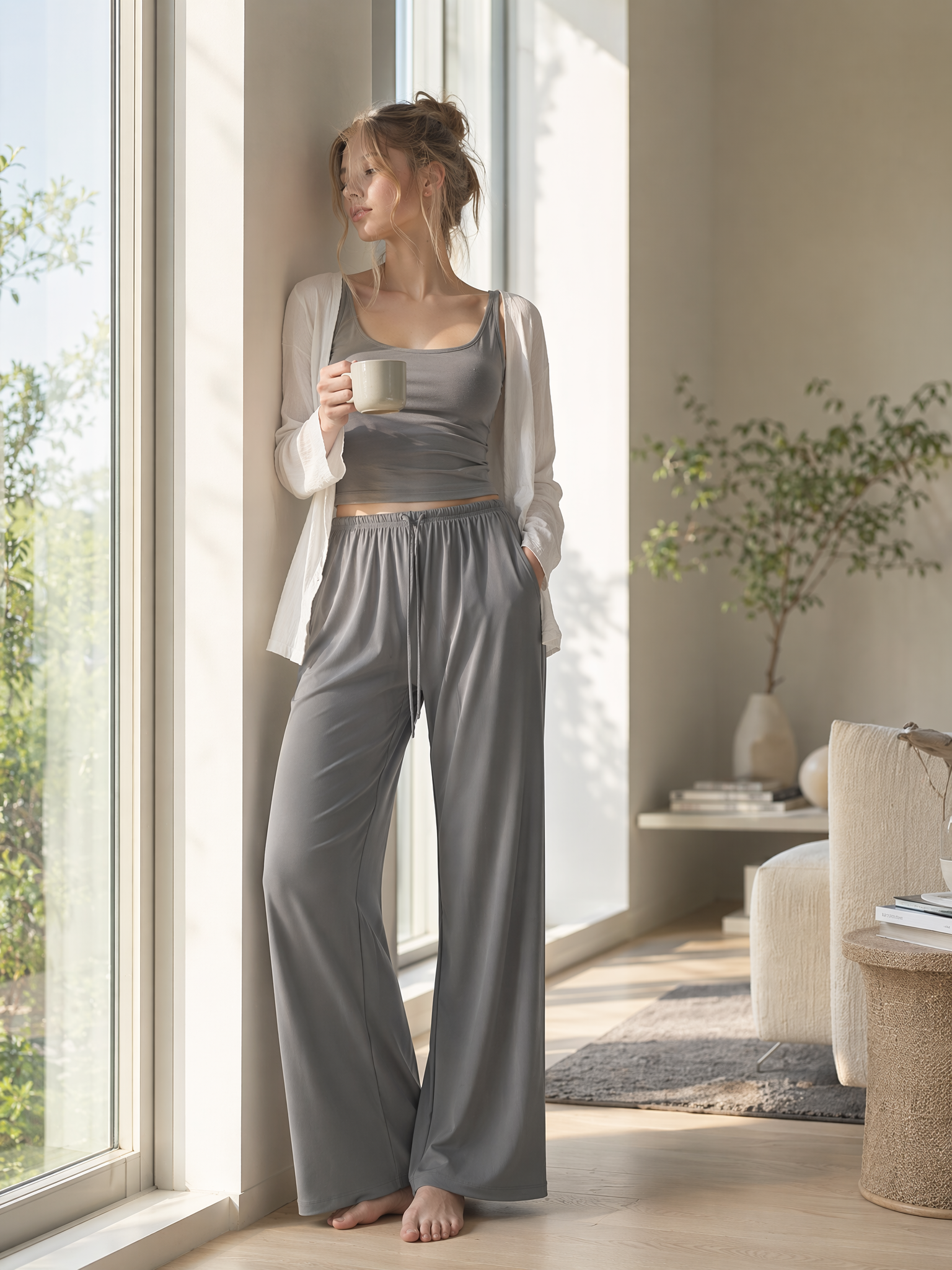 Women Minimalist Cloud Soft Wide Leg Lounge Pants Elastic Drawstring High Waist Loose Trousers for Light Workout Home Athleisure