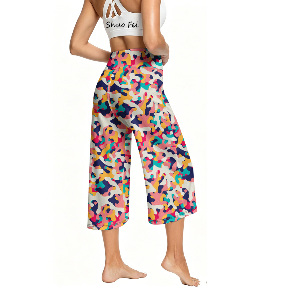 Wholesale Custom Colorful Abstract Pattern Wide Leg Pants Buttery Soft High Rise Cropped Yoga Lounge Pants Functional Drawstring