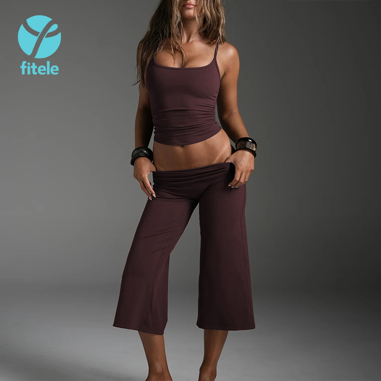 Custom Sports Bra Top Solid Quick-dry Running Calf-Length Wide Legs Yoga Pants Elastic Waist High Waist Sports Fitness Workout