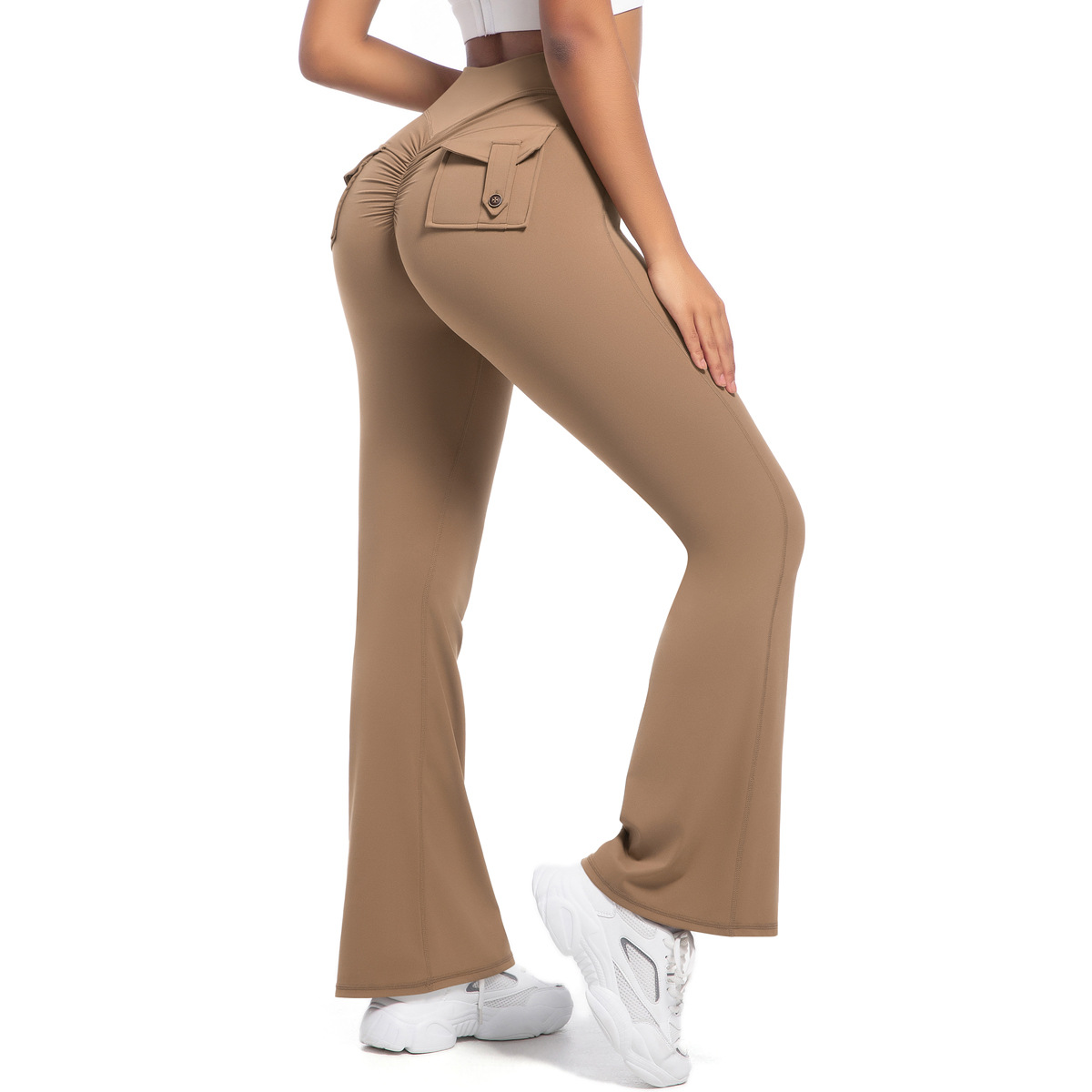 Button Peach High-Waisted Tight Yoga Bell-Bottoms Fitness Sports Wide-Leg Boot-Cut Yoga Pants for Women