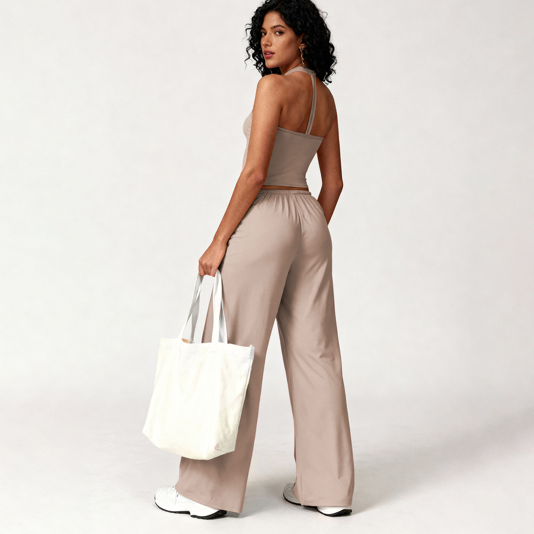 Custom Logo Yoga Outfit Women Tank Top High Waist Loose Pants Fitness Workout Sets Breathable Quick Dry Gym Activewear Tracksuit