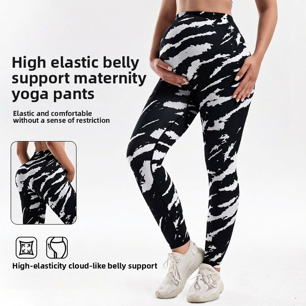 Maternity Yoga Pants Seamless Patterned printing High Waist Full Length Yoga Leggings for Pregnant Over Belly Support Waistband