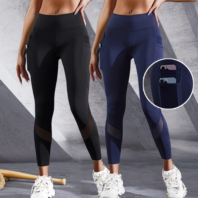 Wholesale Casual Knitted 2 Pockets High Waist Mesh Breathable Skinny Women Leggings Yoga Fitness Pants