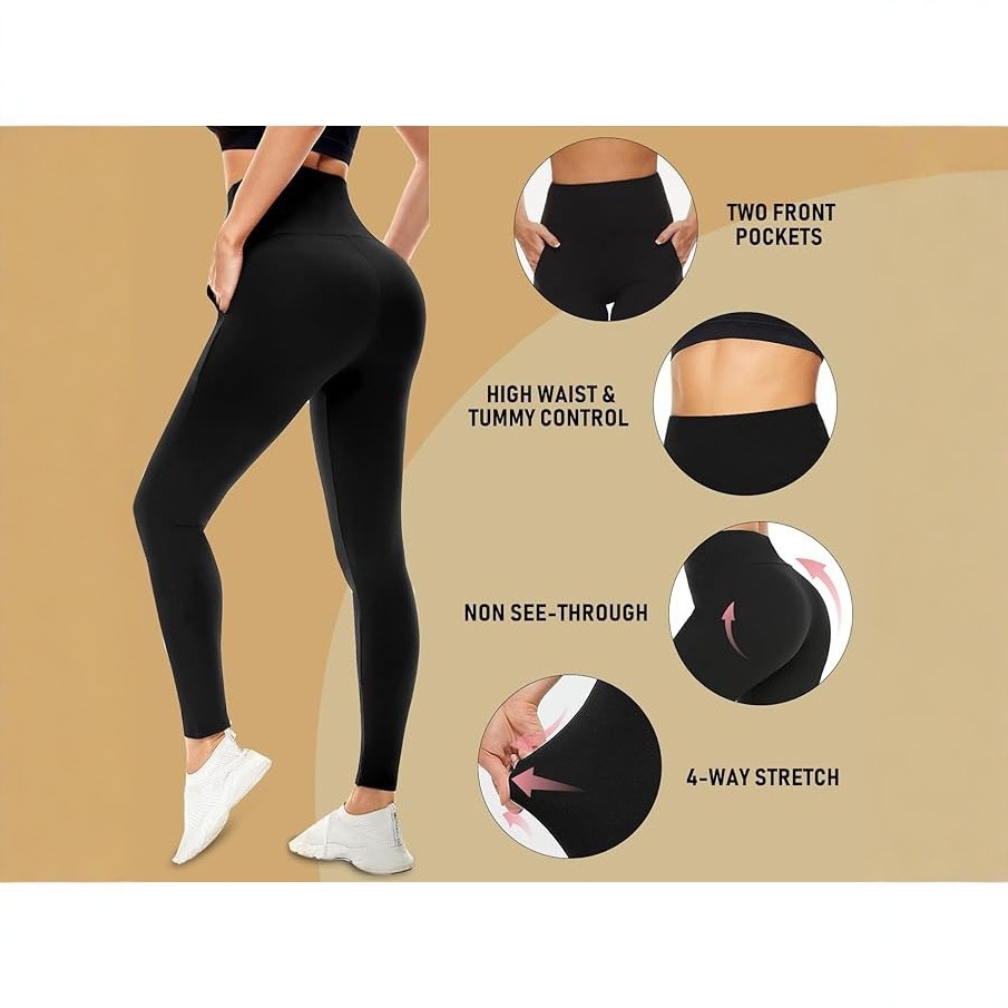 TNNZEET Leggings with Pockets for Women-Black Spandex Solid Four-Way Stretch High Waisted Yoga Pants with Tummy Control