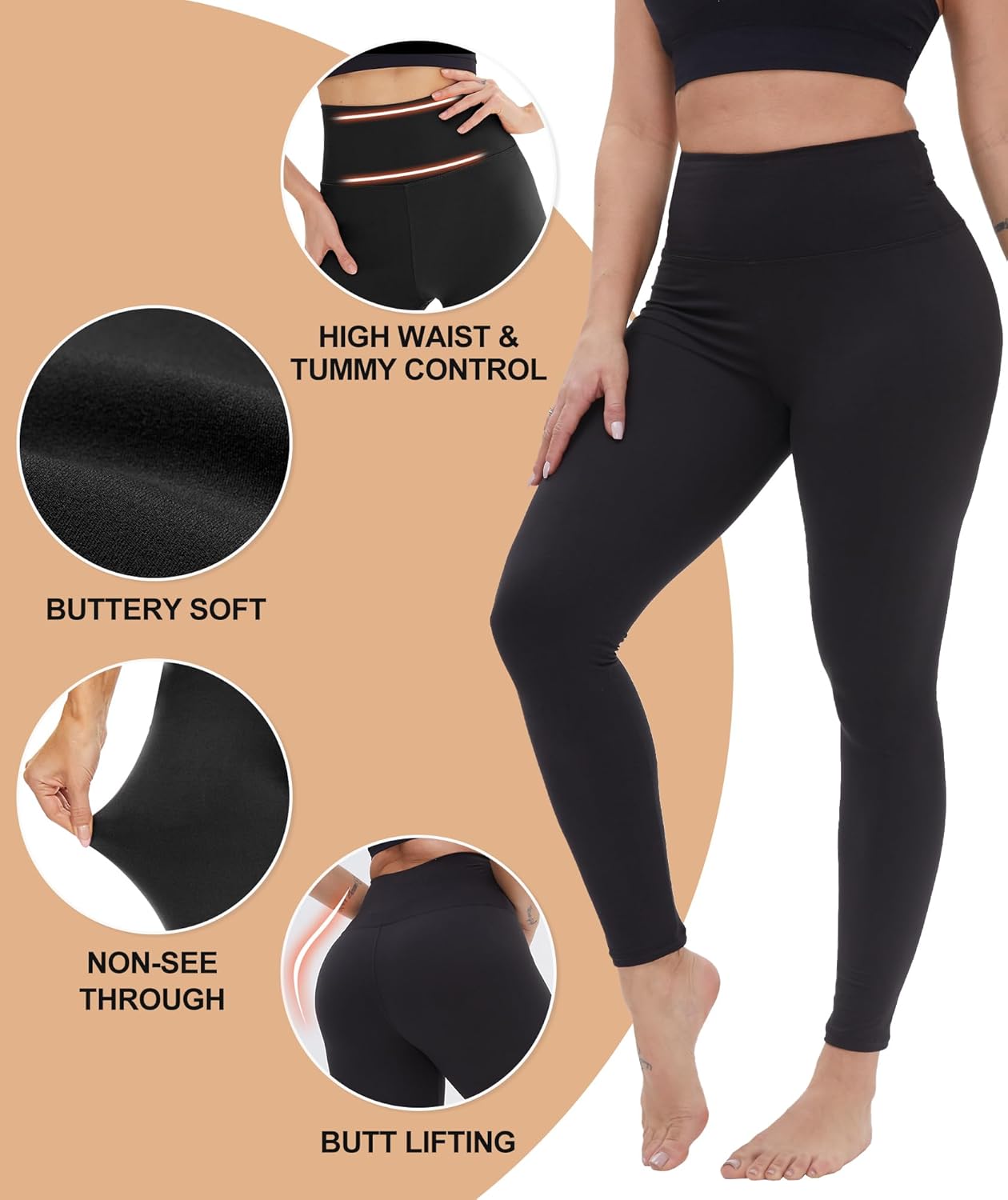 NexiEpoch High Waisted Leggings for Women-Black Tummy Control Compression Soft Yoga Pants Vintage Style Spandex/Nylon Full