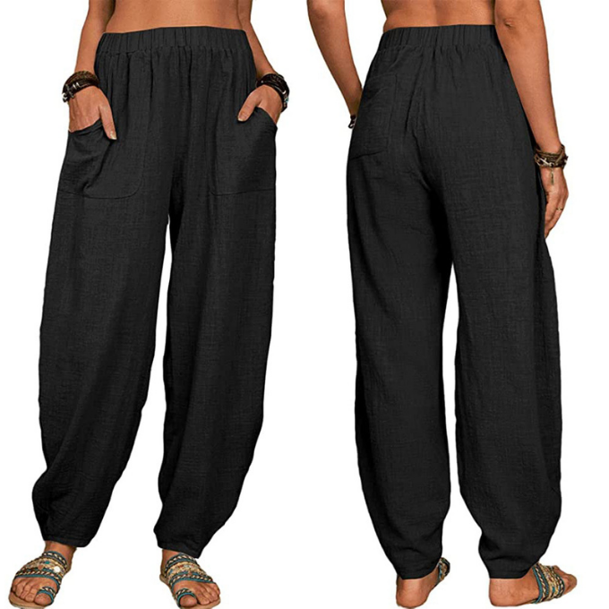 Latest Women Cotton Linen Trousers Casual Pants Summer Yoga Home Street Beach Pants Loose Elastic Waist Pocket Lounge Pants