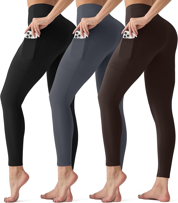 3-pack Women's Solid Elastic Waist Pocket Leggings High Waisted Compression Yoga Pants for Regular &amp; Plus Sizes