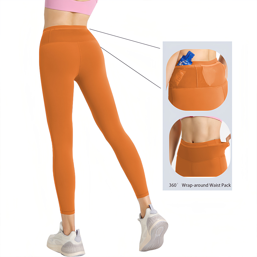 Womens High-Waist Marathon Running Leggings with Mesh Pockets Around Waist Breathable Yoga Pants Compression Fitness Tights