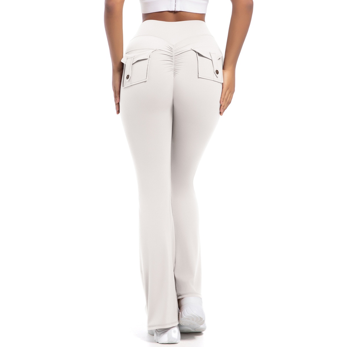Button Peach High-Waisted Tight Yoga Bell-Bottoms Fitness Sports Wide-Leg Boot-Cut Yoga Pants for Women